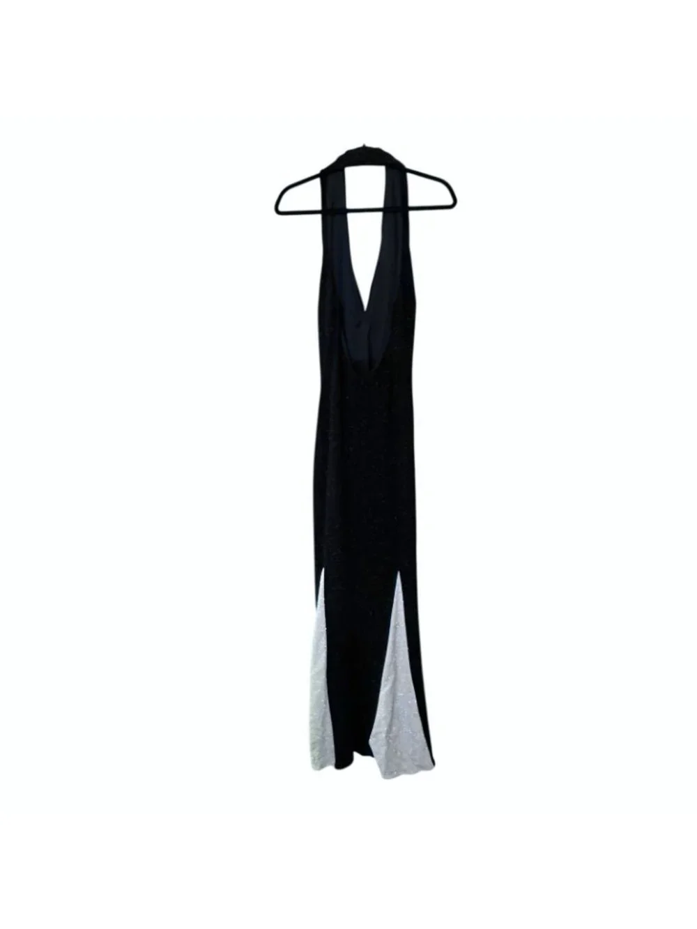Maxi Halter Dress Women's 10 Black White Sparkly Stretchy Cruella Vintage - Picture 2 of 16